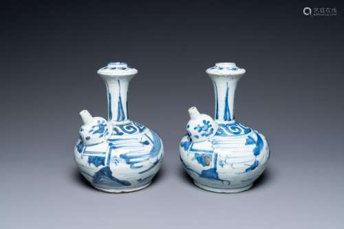 A pair of Chinese blue and white kendi depicting a figure in...