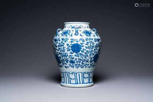 A Chinese blue and white six-handled 'lotus scroll' vase, Wa...