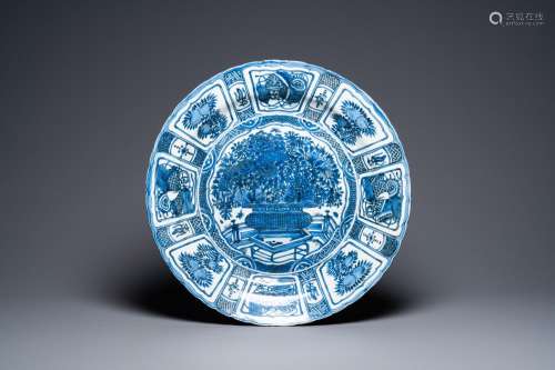 A large Chinese blue and white kraak porcelain dish with a f...