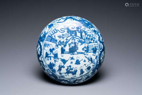 A Chinese blue and white '100 boys' cover for a round box, W...