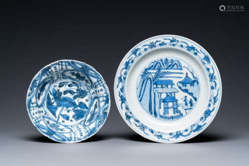 A Chinese blue and white 'cranes' plate and a kraak porcelai...