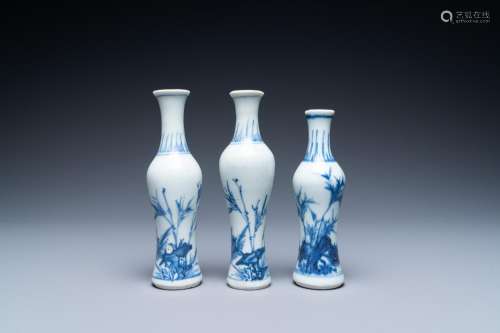 Three Chinese blue and white 'Hatcher cargo' bottle vases, T...