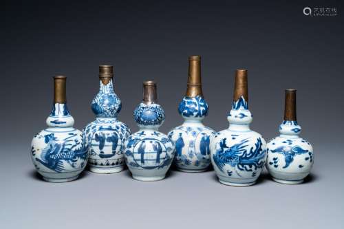 Six Chinese blue and white metal-mounted double gourd vases,...
