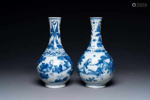 A pair of Chinese blue and white 'Wang Xizhi' bottle vases, ...