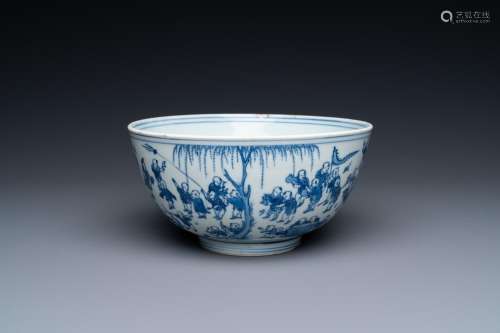 A Chinese blue and white '100 boys' bowl, Transitional perio...