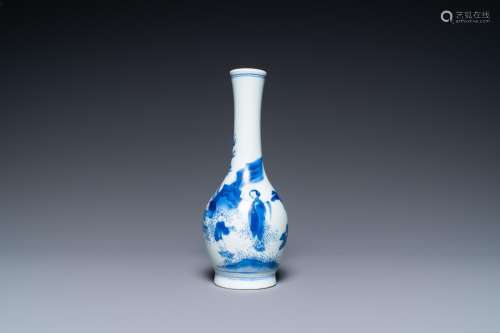 A Chinese blue and white bottle vase with a lady and her ser...