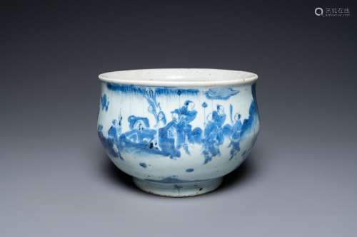 A Chinese blue and white censer with figures in a landscape,...