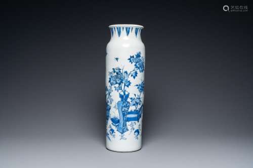 A Chinese blue and white rouleau 'antiquities' vase, Transit...