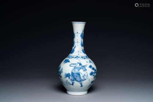 A Chinese blue and white bottle vase depicting four figures,...