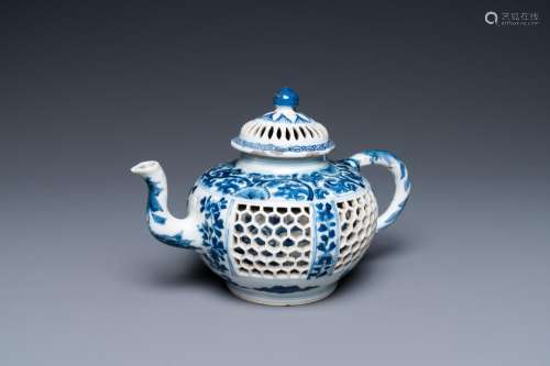 A Chinese blue and white reticulated double-walled teapot an...