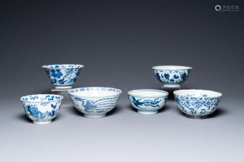 Six Chinese blue and white bowls, Transitional period and Ka...