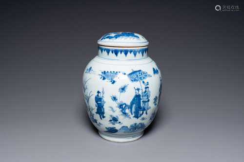 A Chinese blue and white covered jar with a narrative scene,...