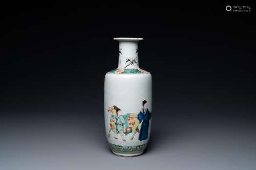 A Chinese famille verte rouleau vase with narrative design, ...