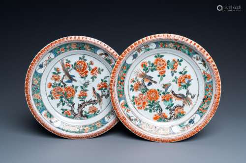 A pair of Chinese famille verte 'magpies and grasshopper' di...