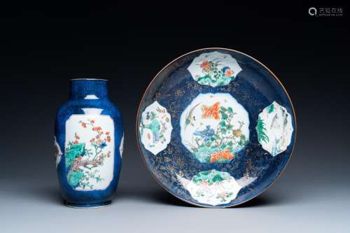 A Chinese famille verte powder blue-ground dish and a vase, ...