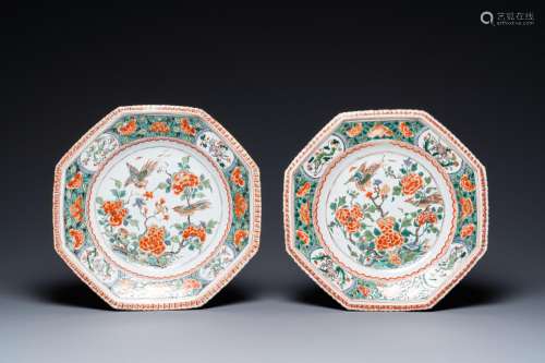 A pair of octagonal Chinese famille verte dishes, Kangxi