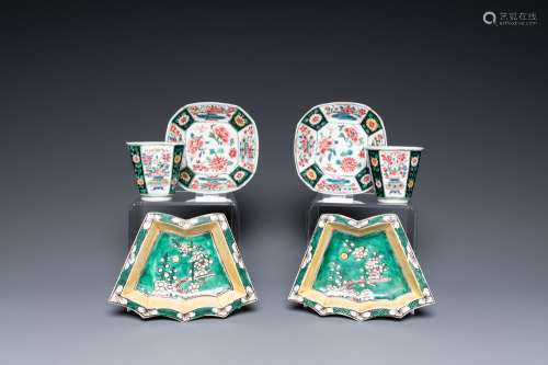 A pair of Chinese octagonal famille rose cups and saucers an...