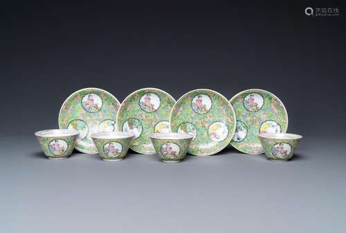 Four Chinese famille rose green-ground cups and saucers, 18/...