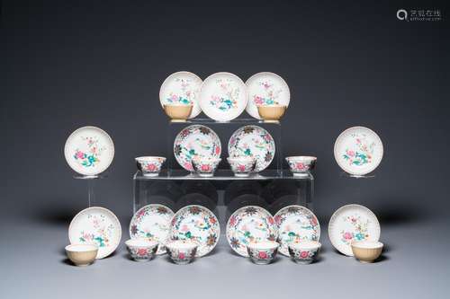 Thirteen Chinese famille rose saucers and twelve cups, Qianl...