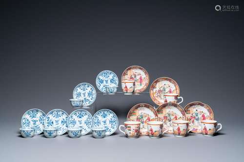 Six Chinese blue and white cups and saucers, six famille ros...