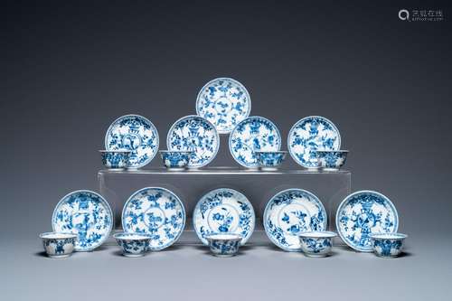 Ten Chinese blue and white saucers and nine cups, Kangxi