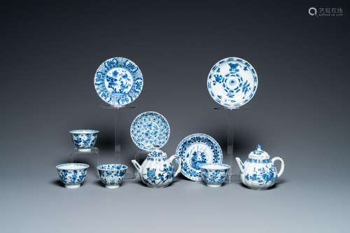 Four Chinese blue and white cups, four saucers and two teapo...