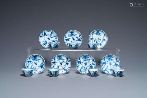 Seven Chinese blue and white cups and saucers, Kangxi