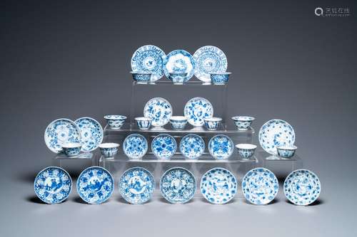 Nineteen Chinese blue and white saucers and twelve cups, Kan...