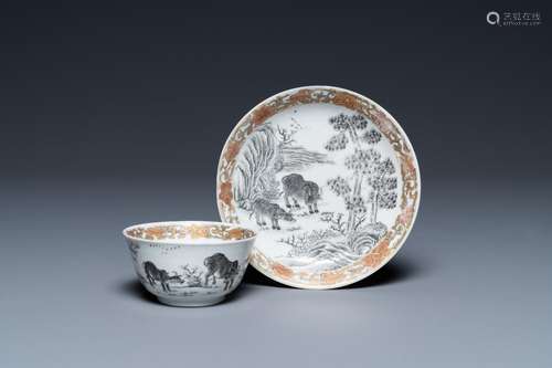 A Chinese grisaille cup and saucer with buffaloes, Yongzheng