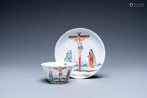 A Chinese Dutch-decorated ‘Crucifixion’ cup and saucer, Qian...