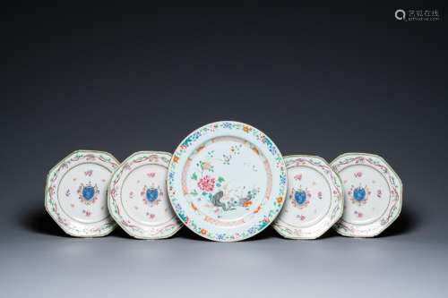 A Chinese famille rose 'cranes' dish and four armorial plate...