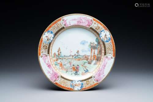 A Chinese famille rose 'Calcutta Tiger Hunt' plate, Qianlong