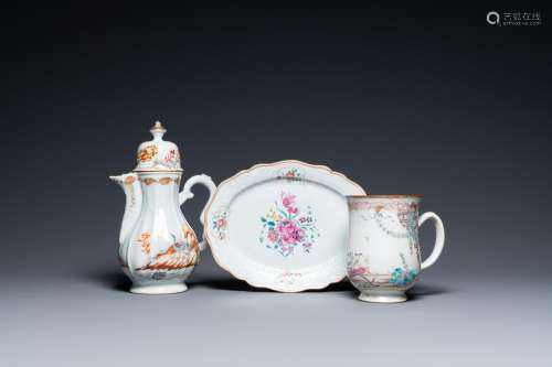 A Chinese famille rose coffee pot, a mug and an oval dish, Q...