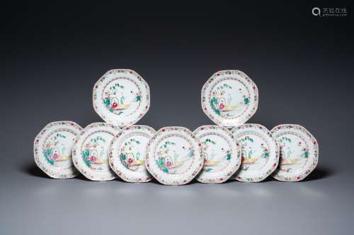 Eight Chinese famille rose plates with a couple in a boat, Q...