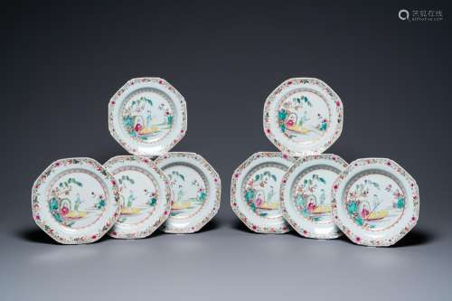 Eight Chinese famille rose plates with a couple in a boat, Q...