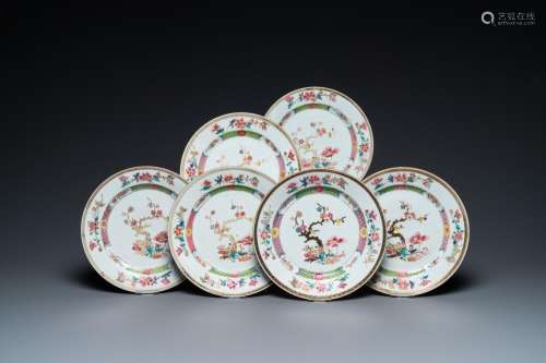 Six Chinese famille rose plates with blossoming branches, Yo...