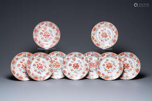 Nine Chinese famille rose plates with floral design, Qianlon...