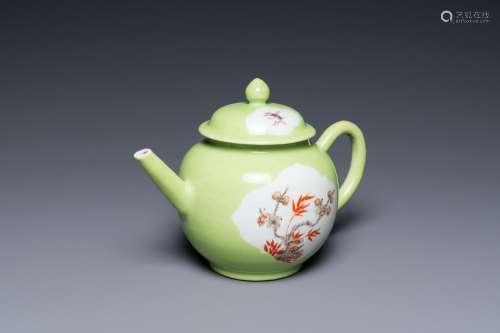 A Chinese iron red and grisaille lime green-ground teapot an...
