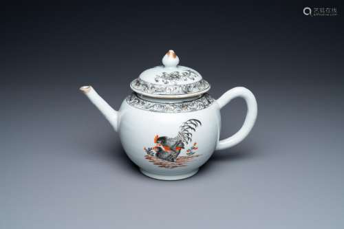 A Chinese grisaille 'mating hen and rooster' teapot and cove...
