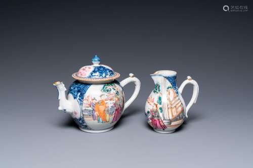A Chinese famille rose 'Mandarin' teapot and milk jug, Qianl...
