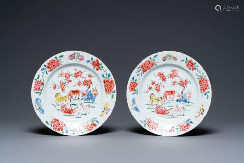 A pair of Chinese famille rose 'horse' plates, Yongzheng/Qia...