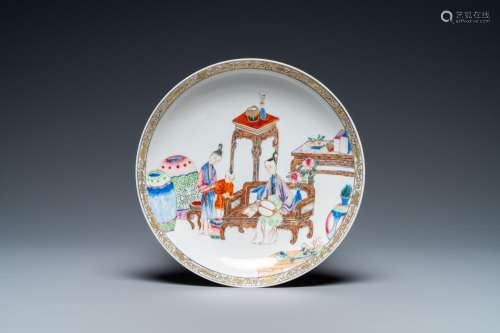 A fine Chinese famille rose plate with a mother, her son and...