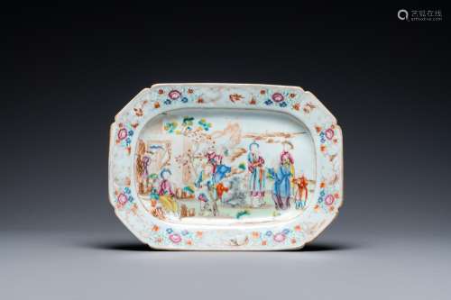 A Chinese octagonal famille rose 'mandarin' dish, Qianlong