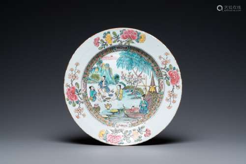 A Chinese famille rose dish with pipe-smoking fishers along ...