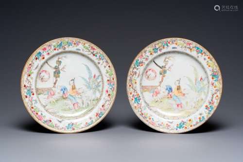 A pair of fine Chinese famille rose plates with a lady and t...
