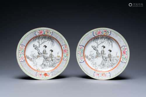 A pair of Chinese famille rose eggshell plates with fine gri...