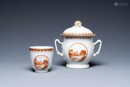 A Chinese covered bowl and a cup with a fine landscape medal...