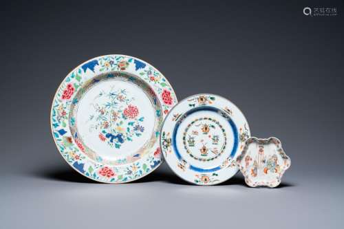 A Chinese famille rose dish, a teapot stand and a famille ve...