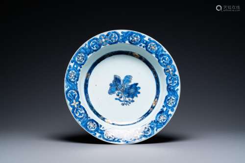 A large Chinese blue, white and gilt 'Merian' deep dish, Qia...