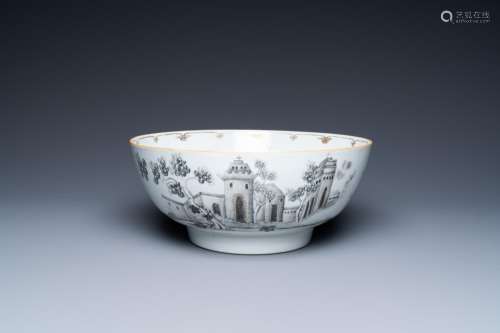 A Chinese grisaille and gilt bowl depicting a convent and bi...